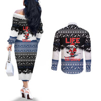 Skiing Life Is Better On Snow Christmas Couples Matching Off The Shoulder Long Sleeve Dress and Long Sleeve Button Shirt Xmas Holiday Patterns - Wonder Print Shop