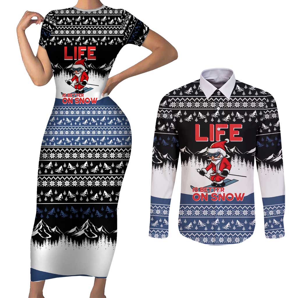 Skiing Life Is Better On Snow Christmas Couples Matching Short Sleeve Bodycon Dress and Long Sleeve Button Shirt Xmas Holiday Patterns - Wonder Print Shop