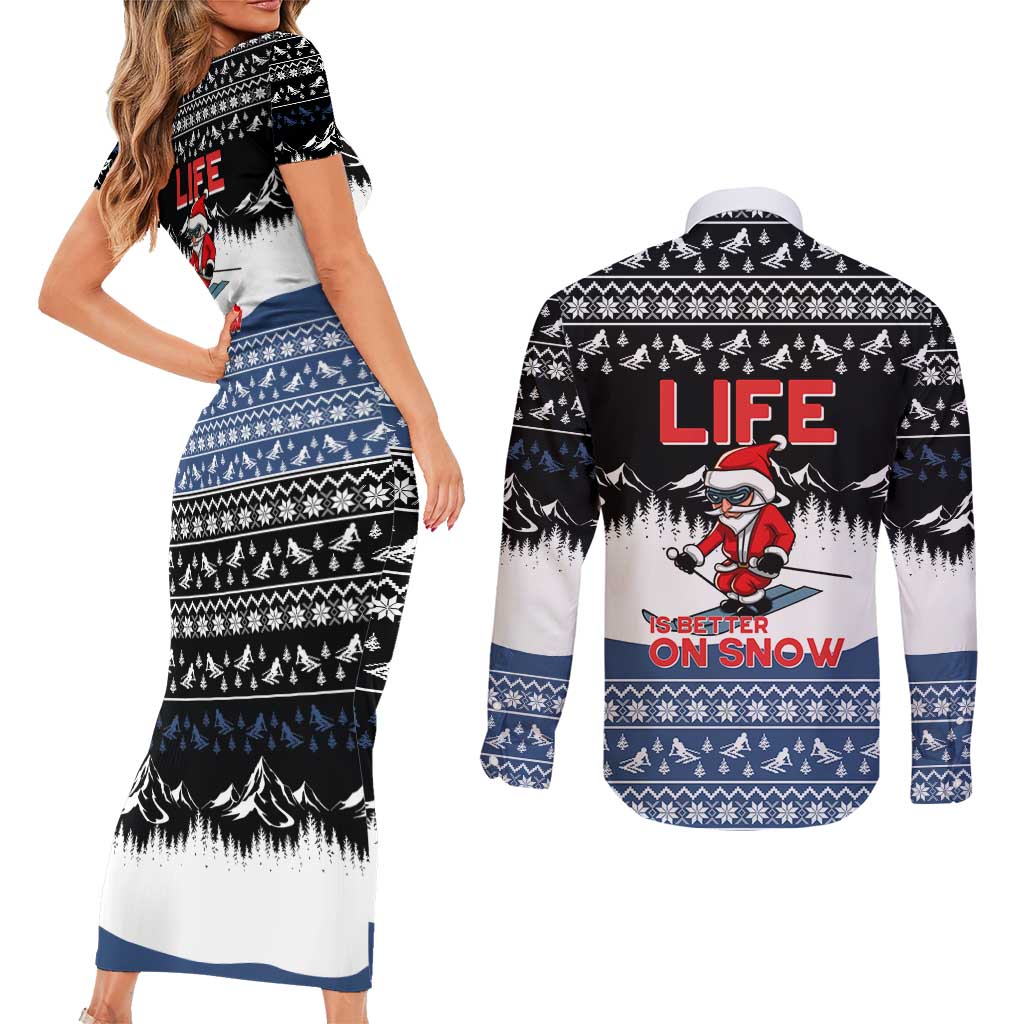 Skiing Life Is Better On Snow Christmas Couples Matching Short Sleeve Bodycon Dress and Long Sleeve Button Shirt Xmas Holiday Patterns - Wonder Print Shop