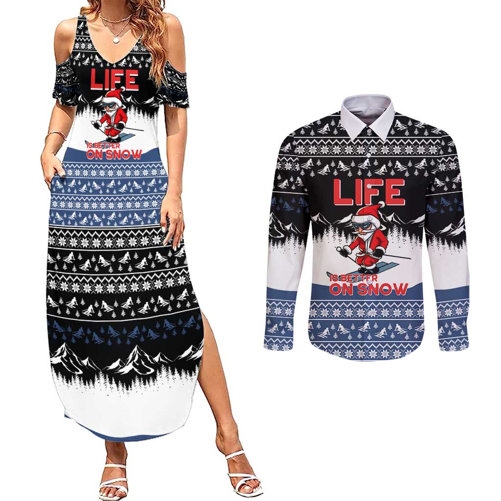 Skiing Life Is Better On Snow Christmas Couples Matching Summer Maxi Dress and Long Sleeve Button Shirt Xmas Holiday Patterns - Wonder Print Shop