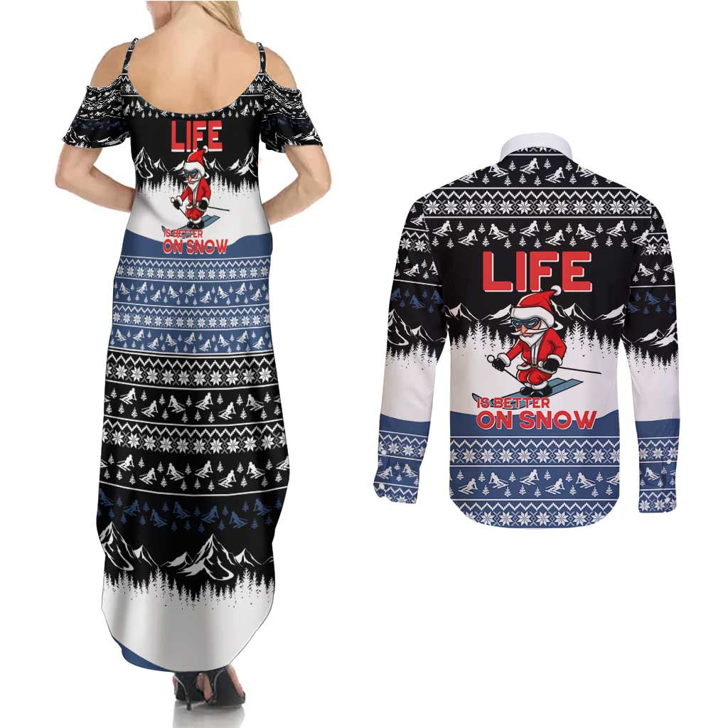 Skiing Life Is Better On Snow Christmas Couples Matching Summer Maxi Dress and Long Sleeve Button Shirt Xmas Holiday Patterns - Wonder Print Shop