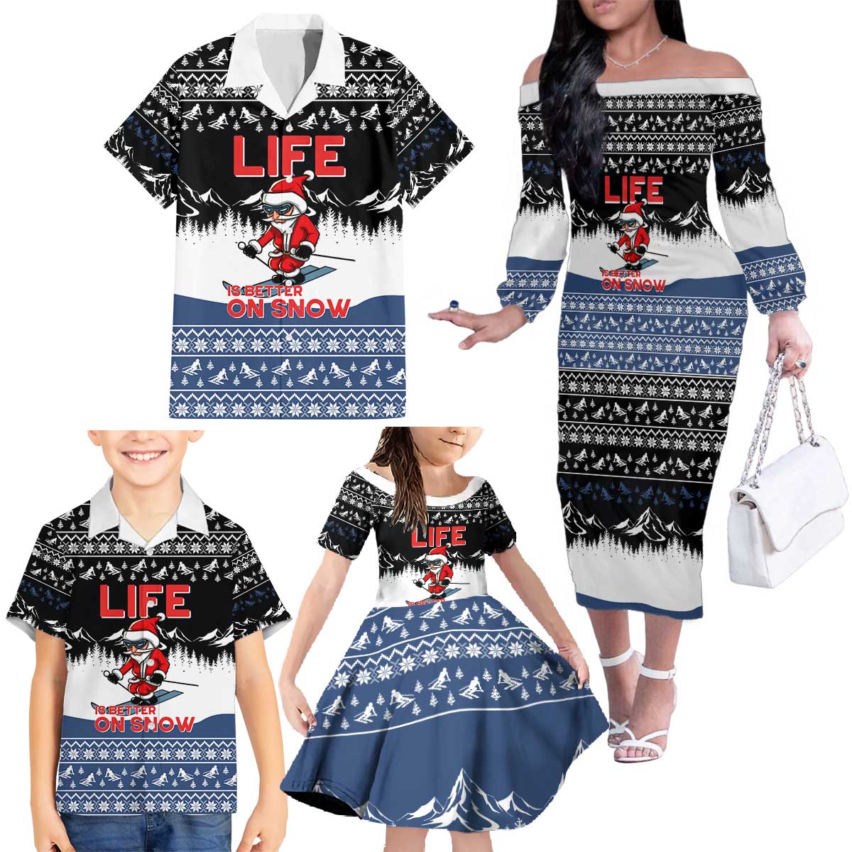 Skiing Life Is Better On Snow Christmas Family Matching Off The Shoulder Long Sleeve Dress and Hawaiian Shirt Xmas Holiday Patterns - Wonder Print Shop