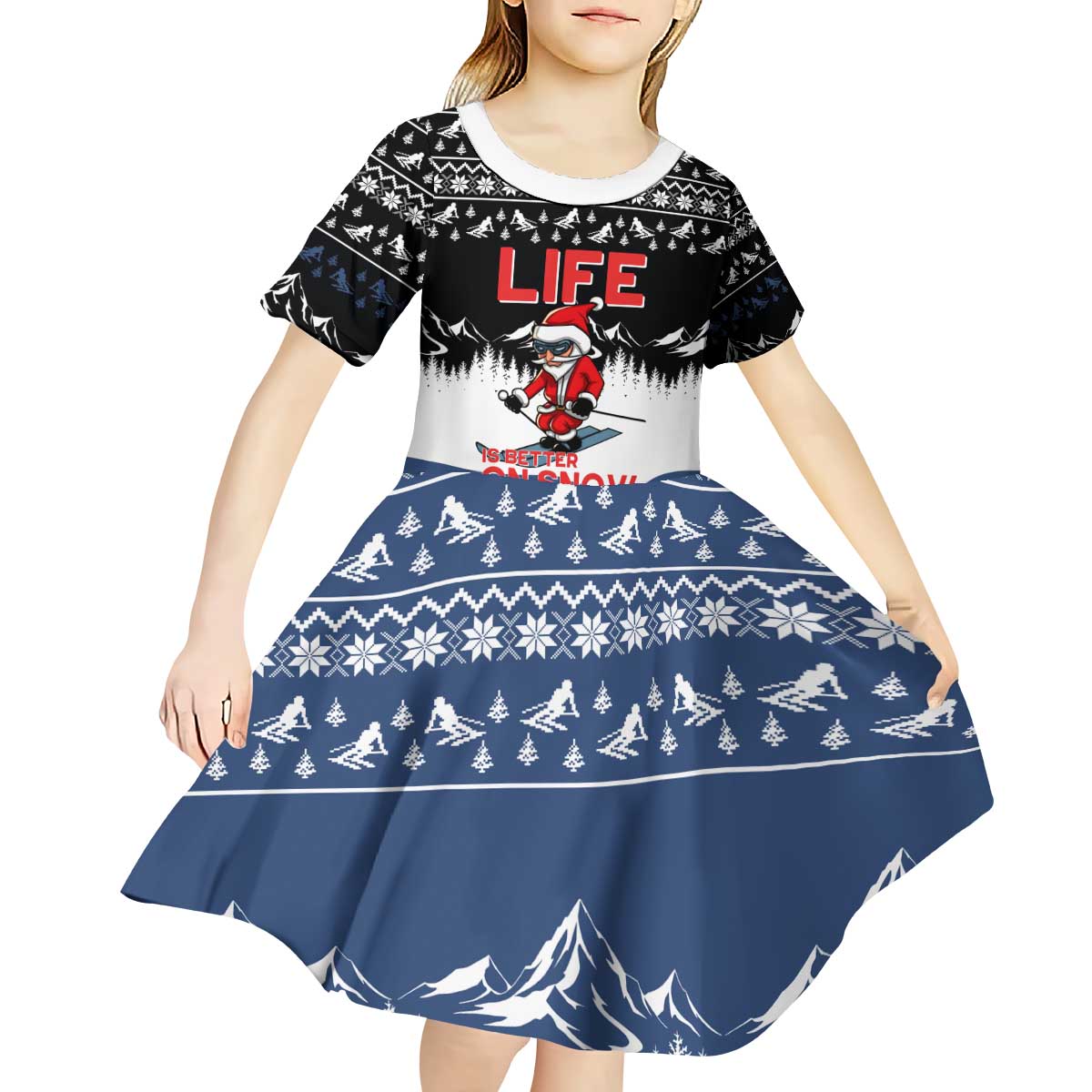 Skiing Life Is Better On Snow Christmas Kid Short Sleeve Dress Xmas Holiday Patterns - Wonder Print Shop