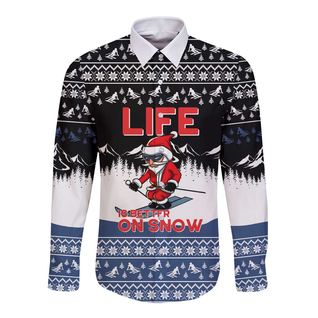Skiing Life Is Better On Snow Christmas Long Sleeve Button Shirt Xmas Holiday Patterns - Wonder Print Shop