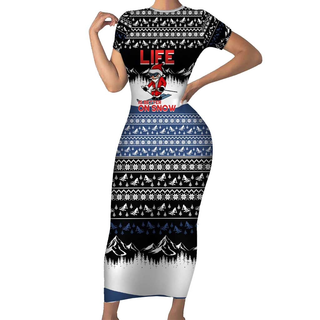 Skiing Life Is Better On Snow Christmas Short Sleeve Bodycon Dress Xmas Holiday Patterns - Wonder Print Shop
