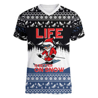 Skiing Life Is Better On Snow Christmas Women V-Neck T-Shirt Xmas Holiday Patterns - Wonder Print Shop