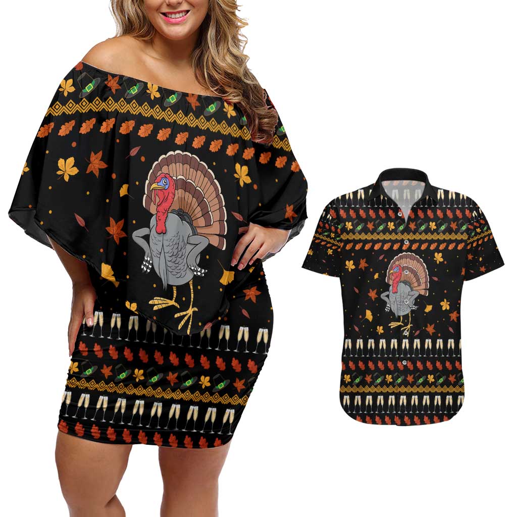 Thanksgiving Christmas Design Couples Matching Off Shoulder Short Dress and Hawaiian Shirt Xmas Holiday Patterns - Wonder Print Shop