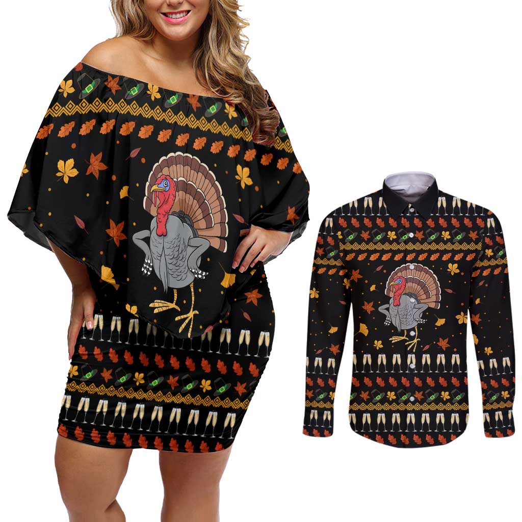 Thanksgiving Christmas Design Couples Matching Off Shoulder Short Dress and Long Sleeve Button Shirt Xmas Holiday Patterns - Wonder Print Shop