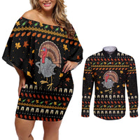 Thanksgiving Christmas Design Couples Matching Off Shoulder Short Dress and Long Sleeve Button Shirt Xmas Holiday Patterns - Wonder Print Shop