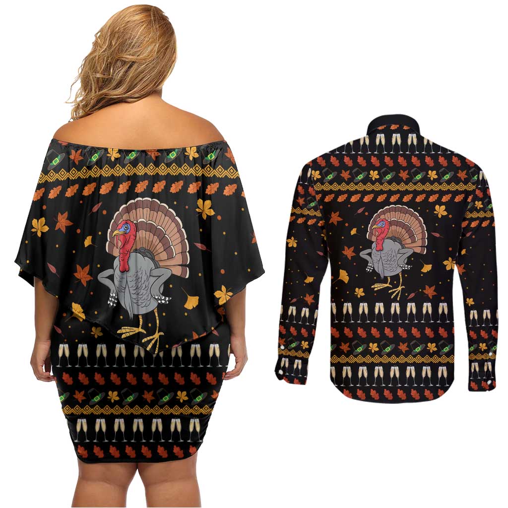Thanksgiving Christmas Design Couples Matching Off Shoulder Short Dress and Long Sleeve Button Shirt Xmas Holiday Patterns - Wonder Print Shop