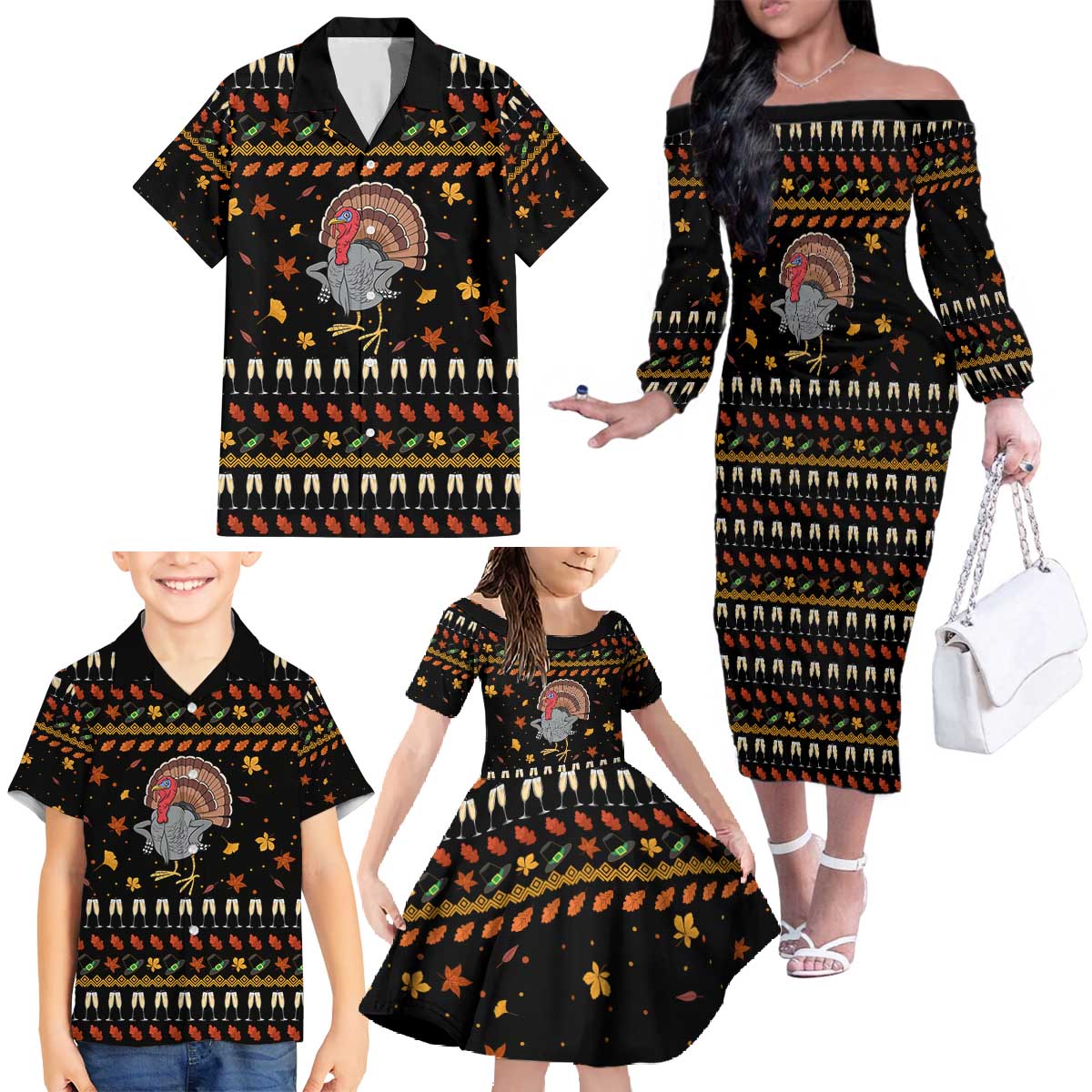 Thanksgiving Christmas Design Family Matching Off The Shoulder Long Sleeve Dress and Hawaiian Shirt Xmas Holiday Patterns - Wonder Print Shop