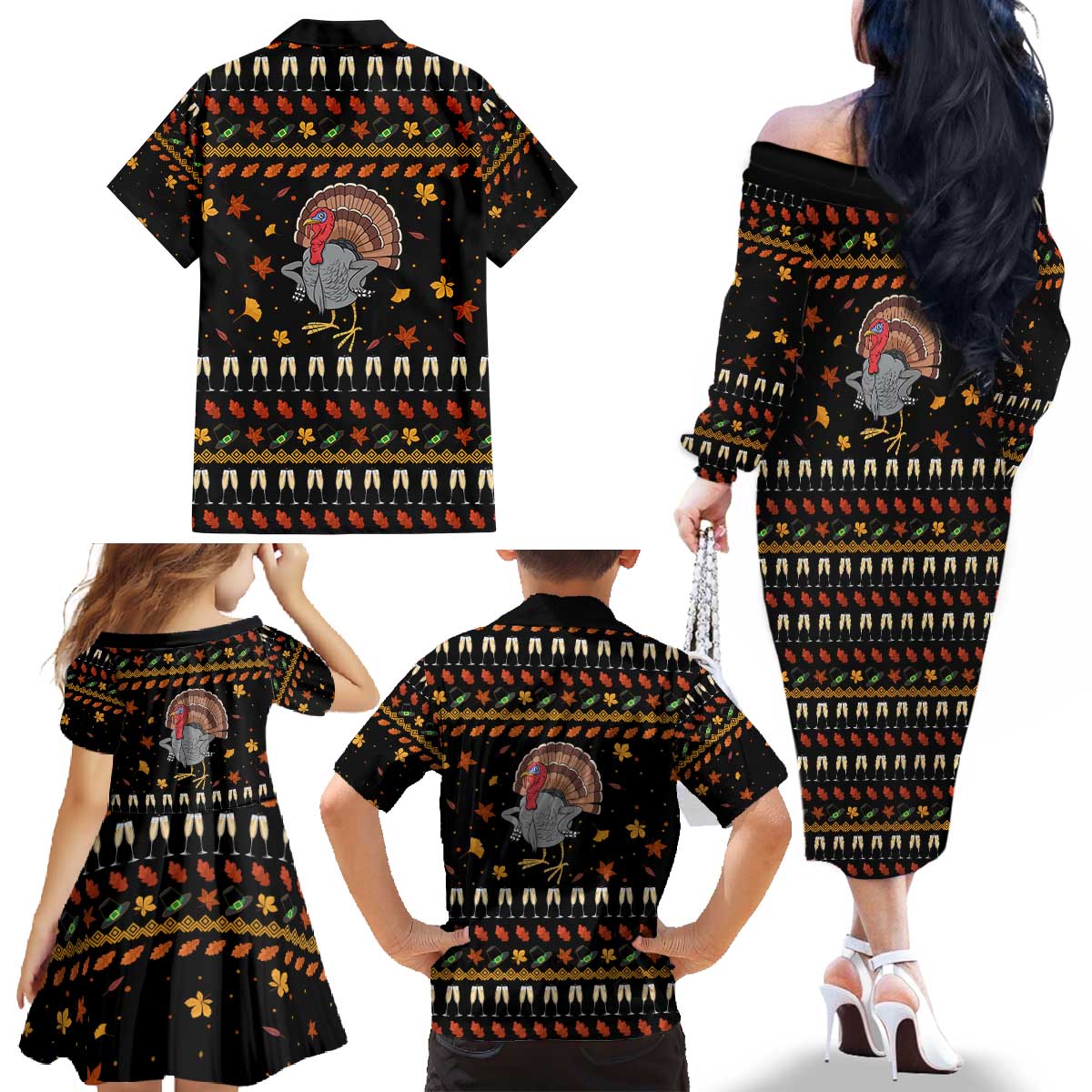 Thanksgiving Christmas Design Family Matching Off The Shoulder Long Sleeve Dress and Hawaiian Shirt Xmas Holiday Patterns - Wonder Print Shop