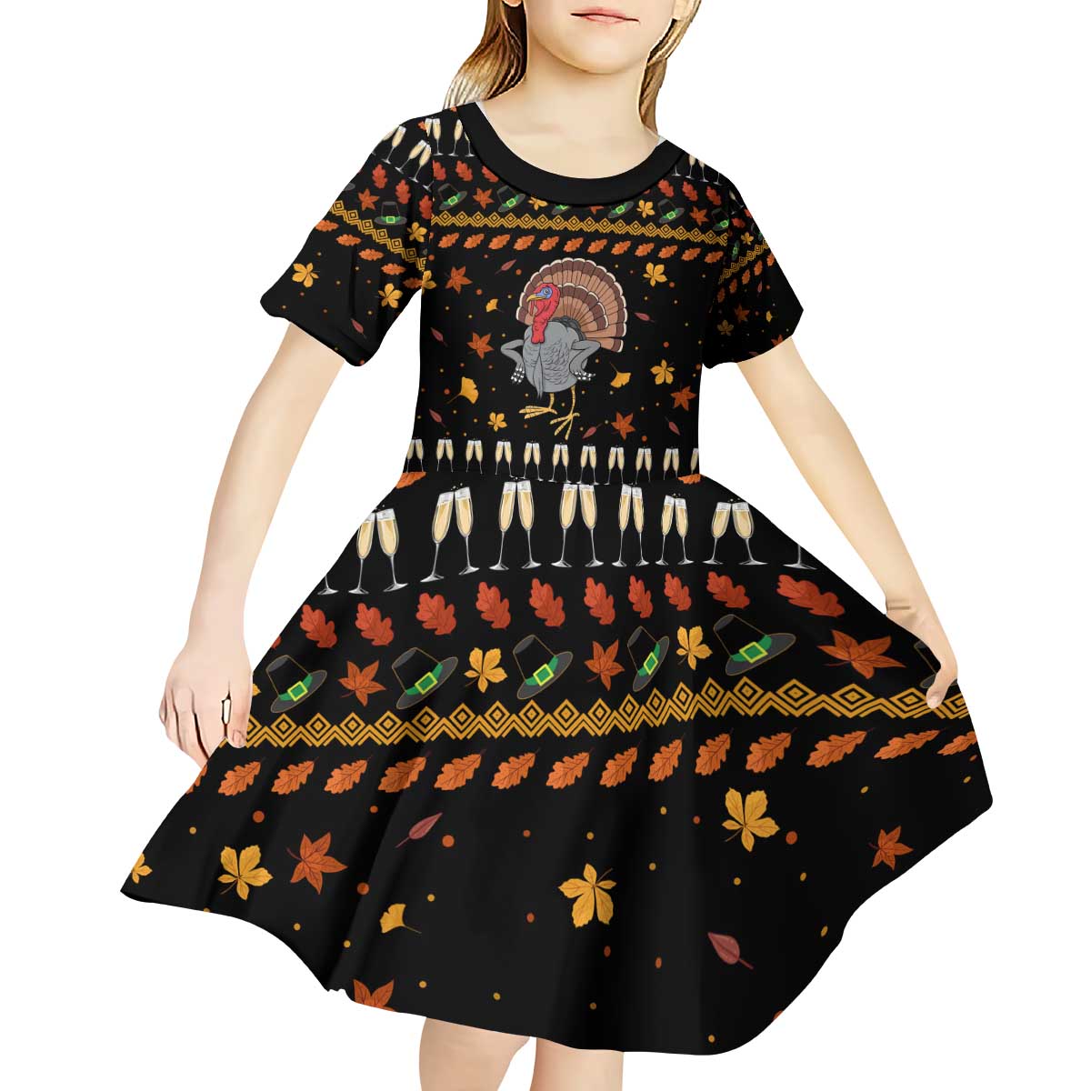 Thanksgiving Christmas Design Kid Short Sleeve Dress Xmas Holiday Patterns - Wonder Print Shop