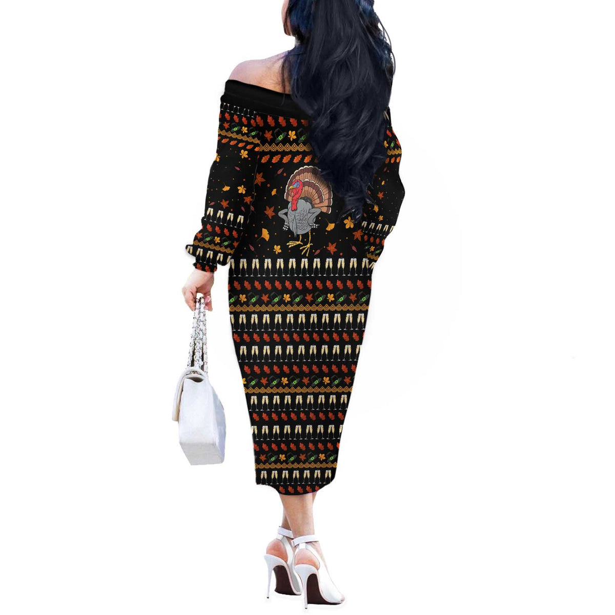 Thanksgiving Christmas Design Off The Shoulder Long Sleeve Dress Xmas Holiday Patterns - Wonder Print Shop