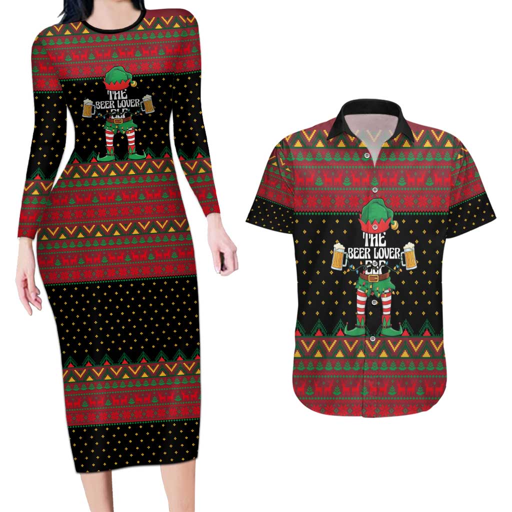 The Beer Lover Elf Christmas Couples Matching Long Sleeve Bodycon Dress and Hawaiian Shirt Xmas Holiday Patterns - Wonder Print Shop