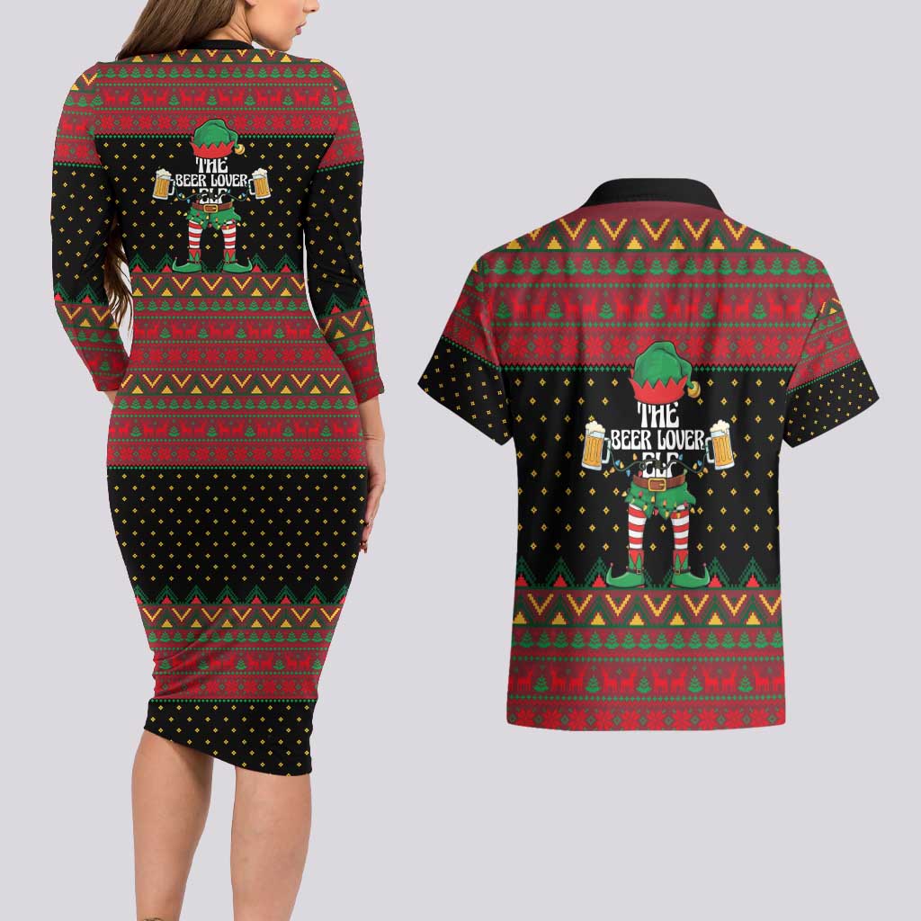 The Beer Lover Elf Christmas Couples Matching Long Sleeve Bodycon Dress and Hawaiian Shirt Xmas Holiday Patterns - Wonder Print Shop