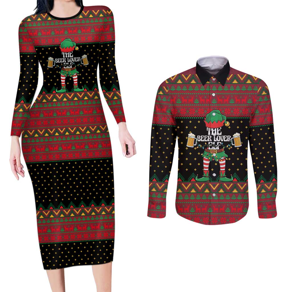 The Beer Lover Elf Christmas Couples Matching Long Sleeve Bodycon Dress and Long Sleeve Button Shirt Xmas Holiday Patterns - Wonder Print Shop