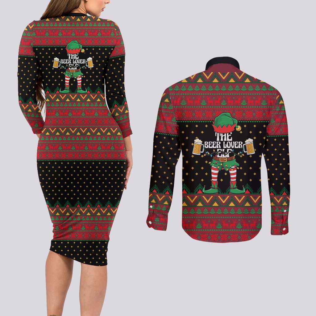 The Beer Lover Elf Christmas Couples Matching Long Sleeve Bodycon Dress and Long Sleeve Button Shirt Xmas Holiday Patterns - Wonder Print Shop