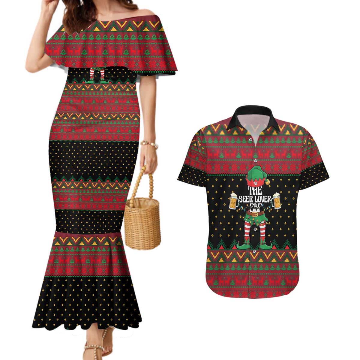 The Beer Lover Elf Christmas Couples Matching Mermaid Dress and Hawaiian Shirt Xmas Holiday Patterns - Wonder Print Shop