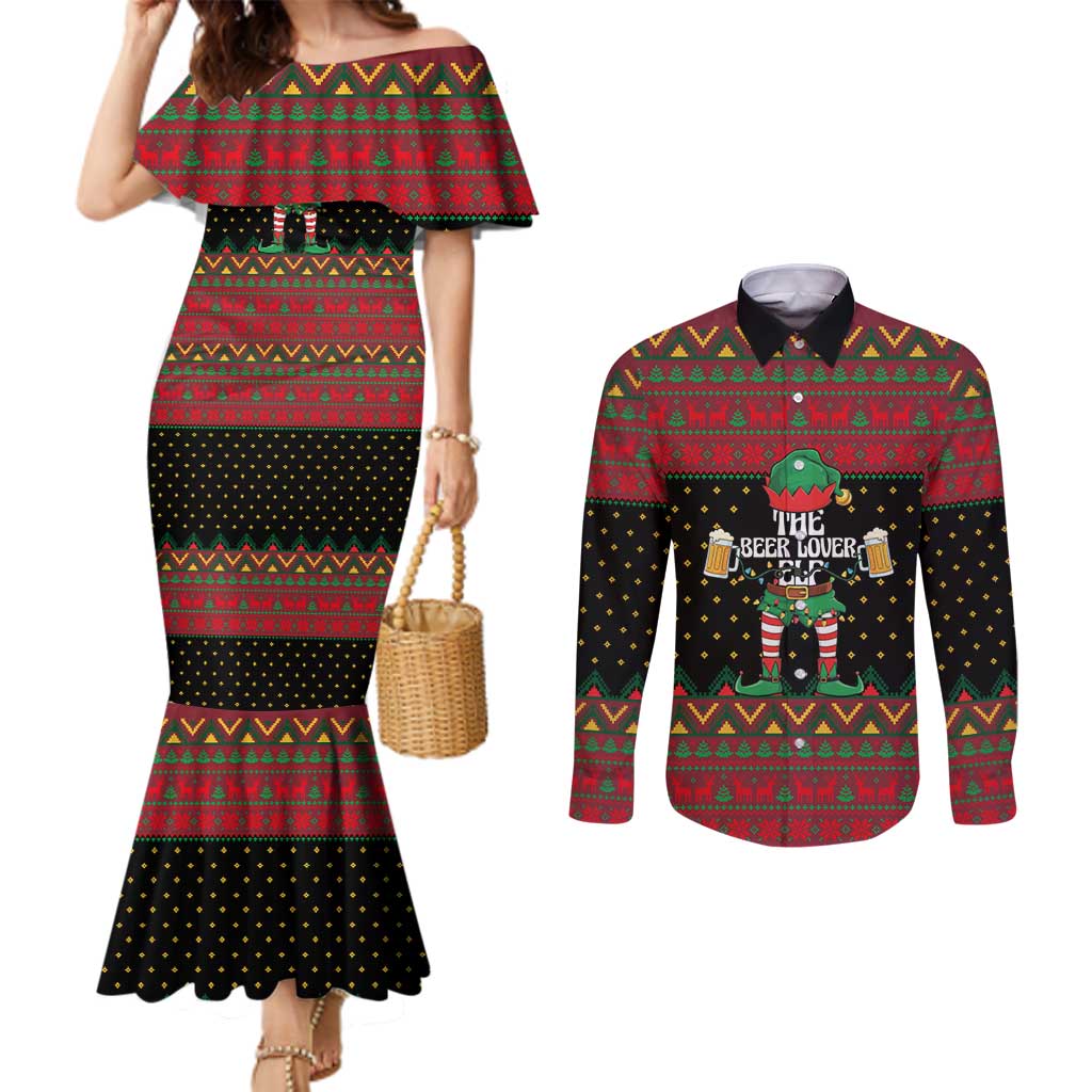 The Beer Lover Elf Christmas Couples Matching Mermaid Dress and Long Sleeve Button Shirt Xmas Holiday Patterns - Wonder Print Shop