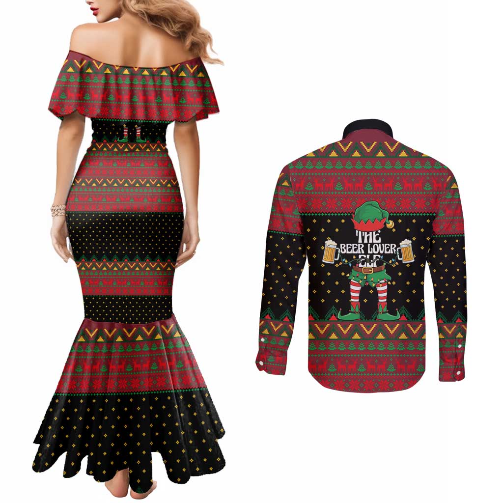 The Beer Lover Elf Christmas Couples Matching Mermaid Dress and Long Sleeve Button Shirt Xmas Holiday Patterns - Wonder Print Shop