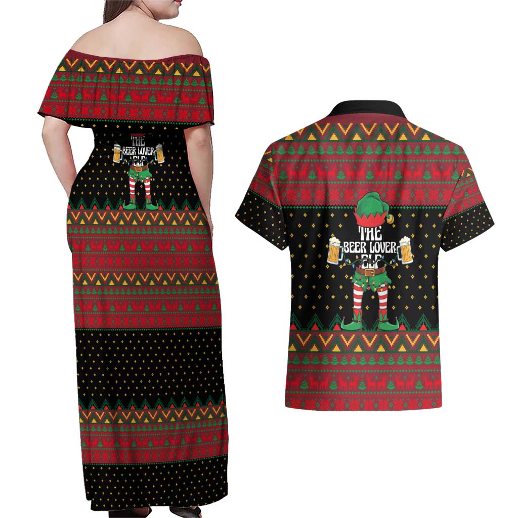 The Beer Lover Elf Christmas Couples Matching Off Shoulder Maxi Dress and Hawaiian Shirt Xmas Holiday Patterns - Wonder Print Shop