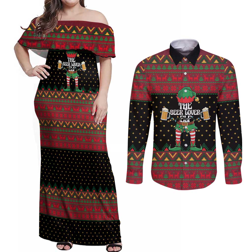 The Beer Lover Elf Christmas Couples Matching Off Shoulder Maxi Dress and Long Sleeve Button Shirt Xmas Holiday Patterns - Wonder Print Shop