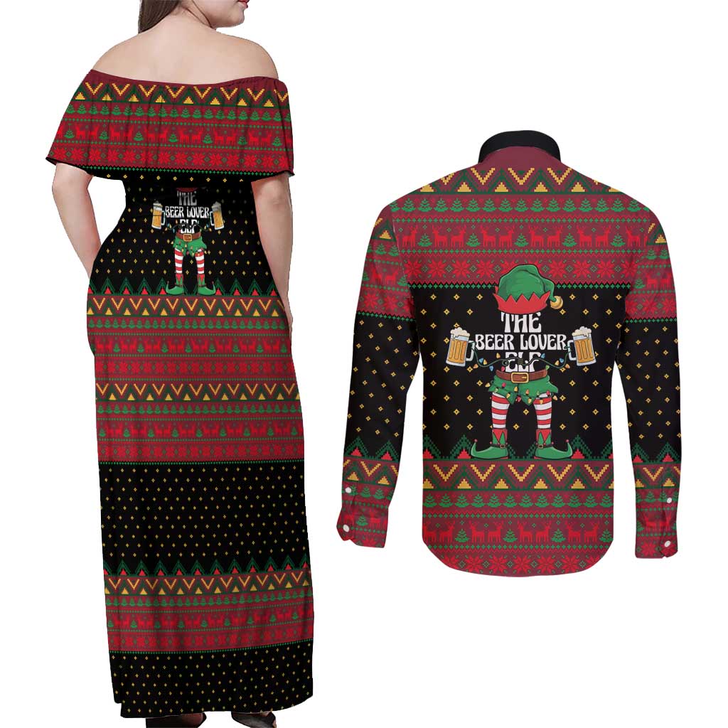 The Beer Lover Elf Christmas Couples Matching Off Shoulder Maxi Dress and Long Sleeve Button Shirt Xmas Holiday Patterns - Wonder Print Shop
