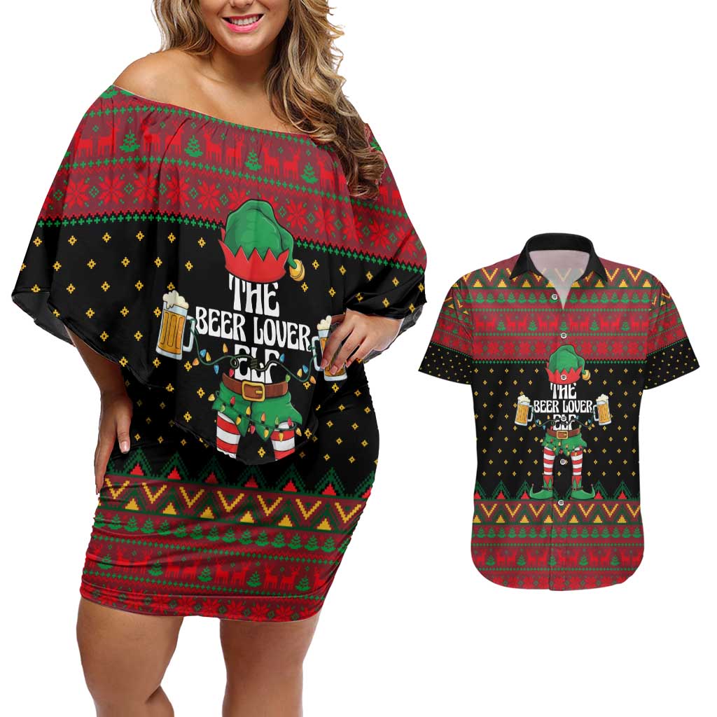 The Beer Lover Elf Christmas Couples Matching Off Shoulder Short Dress and Hawaiian Shirt Xmas Holiday Patterns - Wonder Print Shop