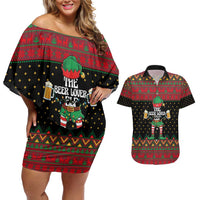 The Beer Lover Elf Christmas Couples Matching Off Shoulder Short Dress and Hawaiian Shirt Xmas Holiday Patterns - Wonder Print Shop