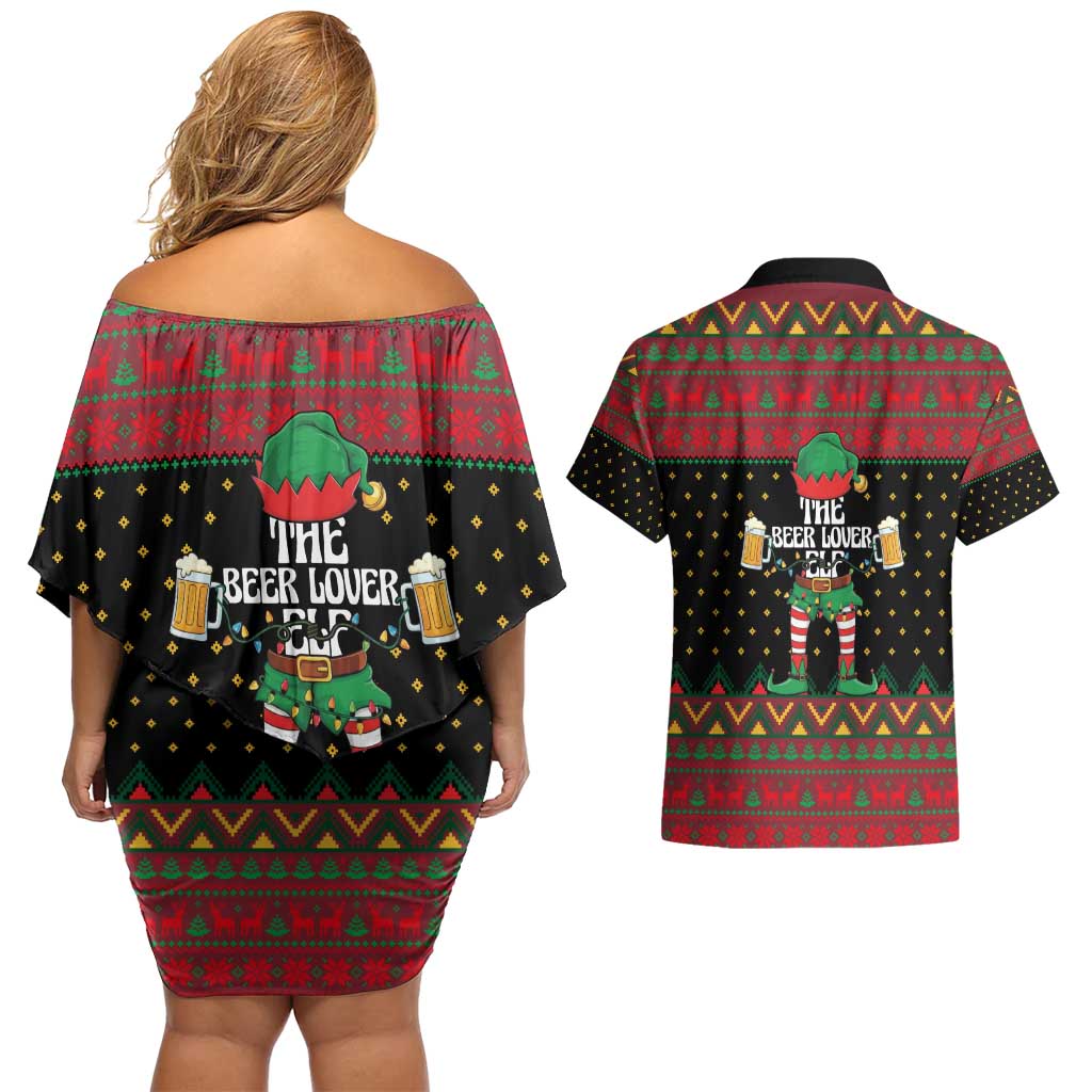 The Beer Lover Elf Christmas Couples Matching Off Shoulder Short Dress and Hawaiian Shirt Xmas Holiday Patterns - Wonder Print Shop