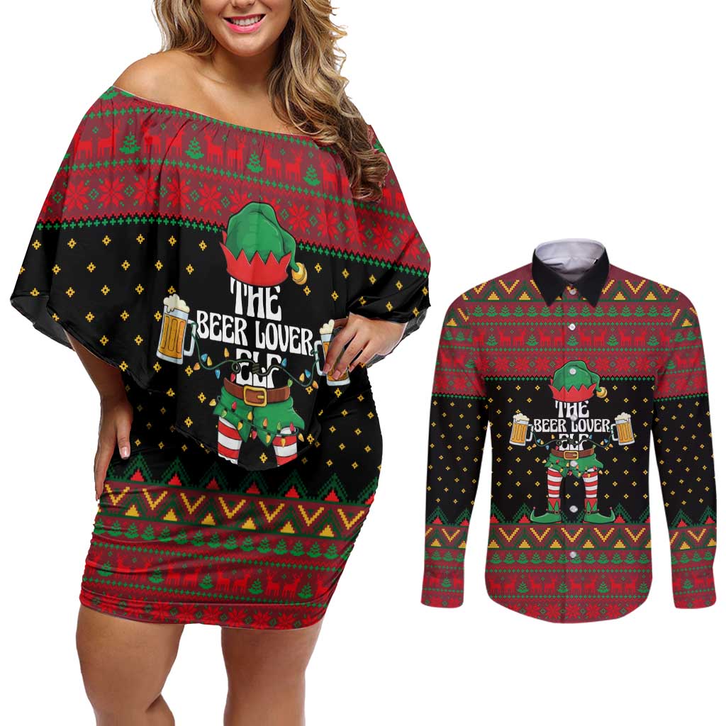 The Beer Lover Elf Christmas Couples Matching Off Shoulder Short Dress and Long Sleeve Button Shirt Xmas Holiday Patterns - Wonder Print Shop