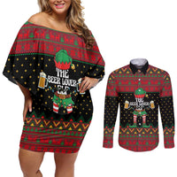 The Beer Lover Elf Christmas Couples Matching Off Shoulder Short Dress and Long Sleeve Button Shirt Xmas Holiday Patterns - Wonder Print Shop