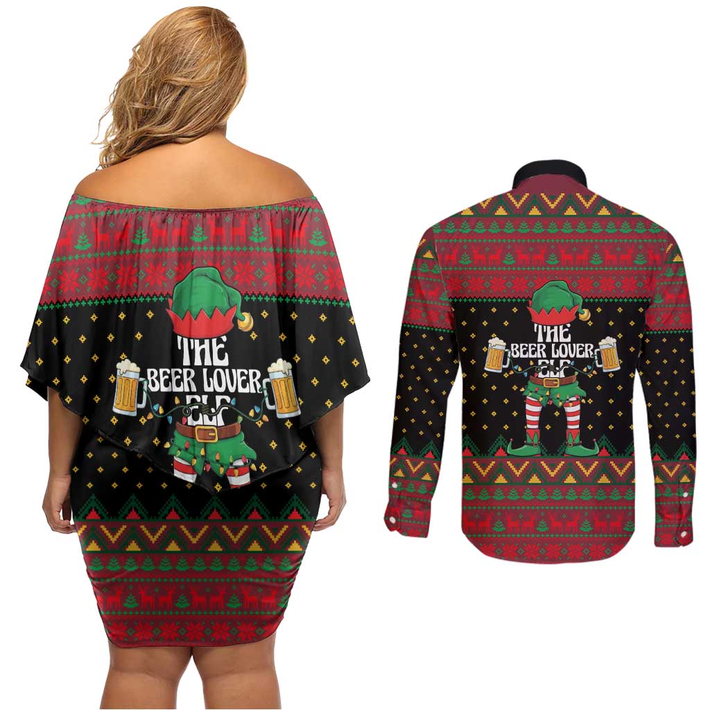 The Beer Lover Elf Christmas Couples Matching Off Shoulder Short Dress and Long Sleeve Button Shirt Xmas Holiday Patterns - Wonder Print Shop