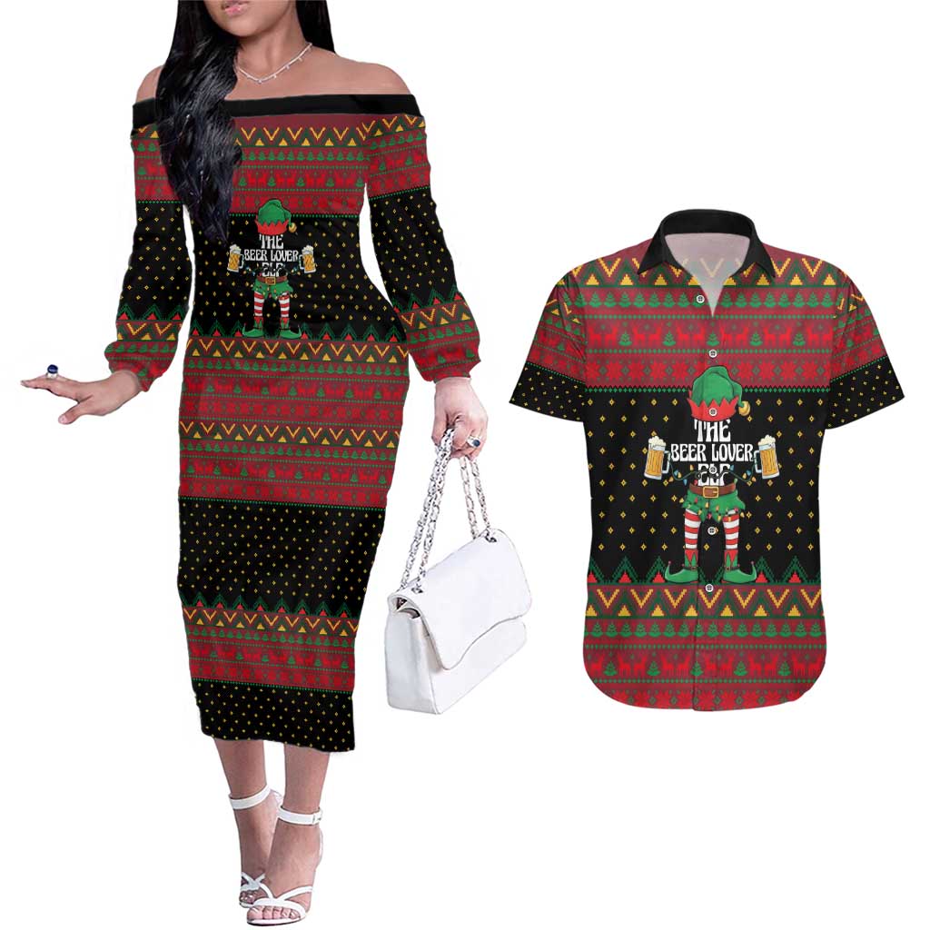 The Beer Lover Elf Christmas Couples Matching Off The Shoulder Long Sleeve Dress and Hawaiian Shirt Xmas Holiday Patterns - Wonder Print Shop