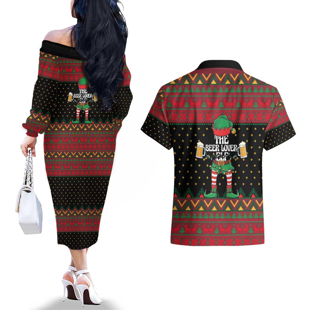 The Beer Lover Elf Christmas Couples Matching Off The Shoulder Long Sleeve Dress and Hawaiian Shirt Xmas Holiday Patterns - Wonder Print Shop