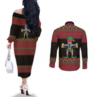 The Beer Lover Elf Christmas Couples Matching Off The Shoulder Long Sleeve Dress and Long Sleeve Button Shirt Xmas Holiday Patterns - Wonder Print Shop