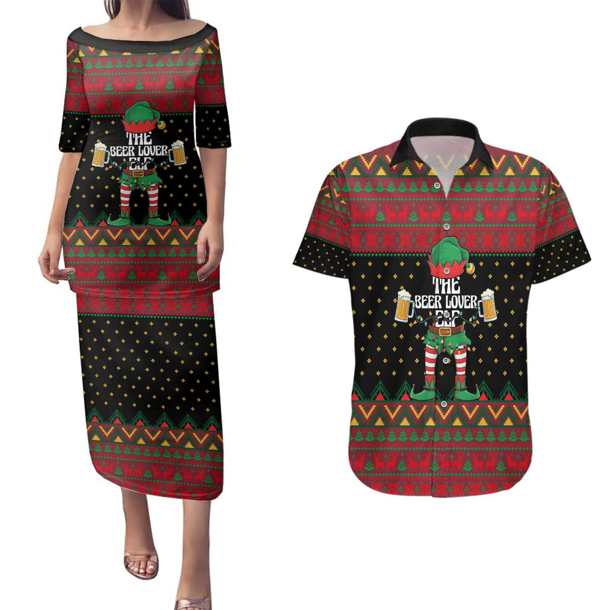 The Beer Lover Elf Christmas Couples Matching Puletasi and Hawaiian Shirt Xmas Holiday Patterns - Wonder Print Shop