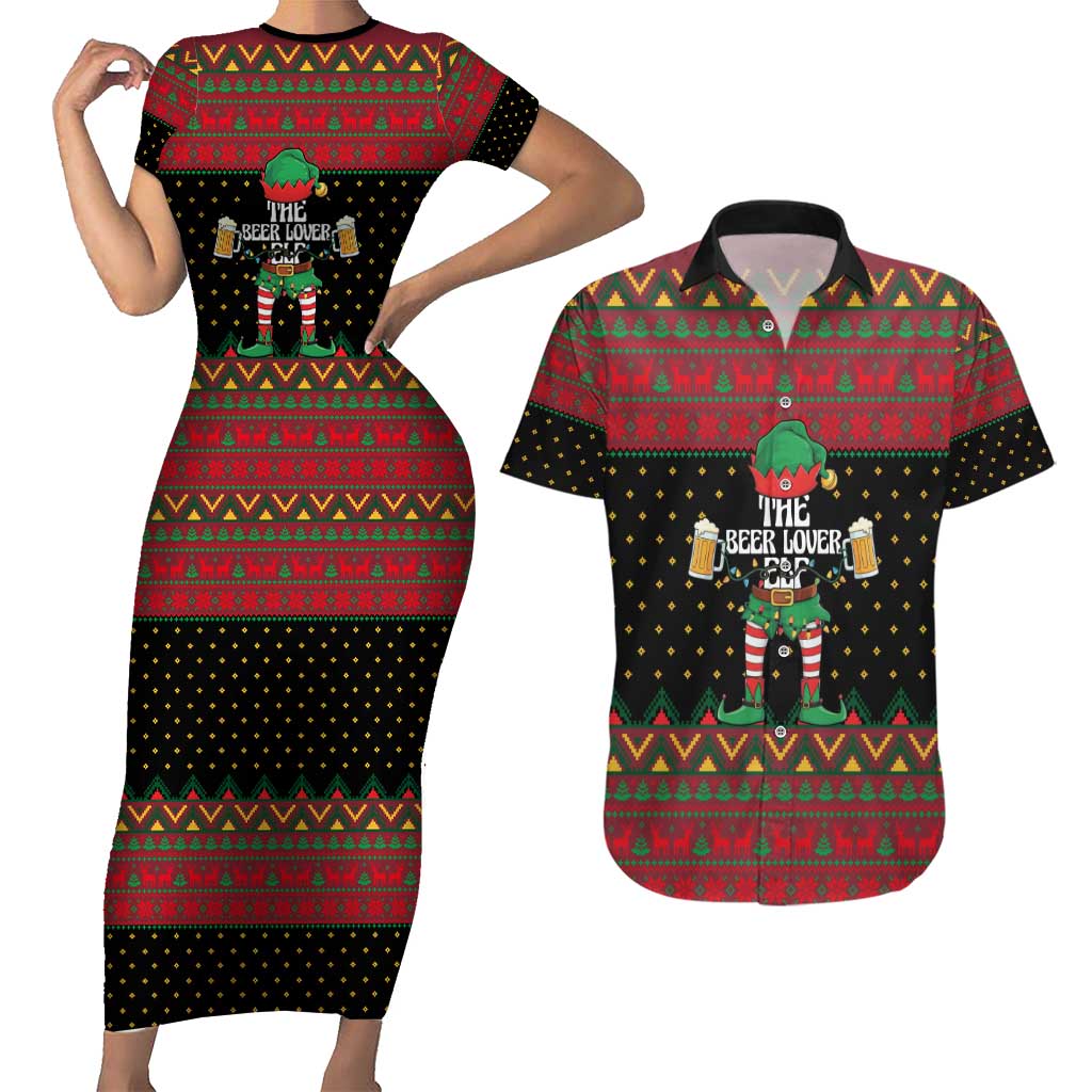 The Beer Lover Elf Christmas Couples Matching Short Sleeve Bodycon Dress and Hawaiian Shirt Xmas Holiday Patterns - Wonder Print Shop