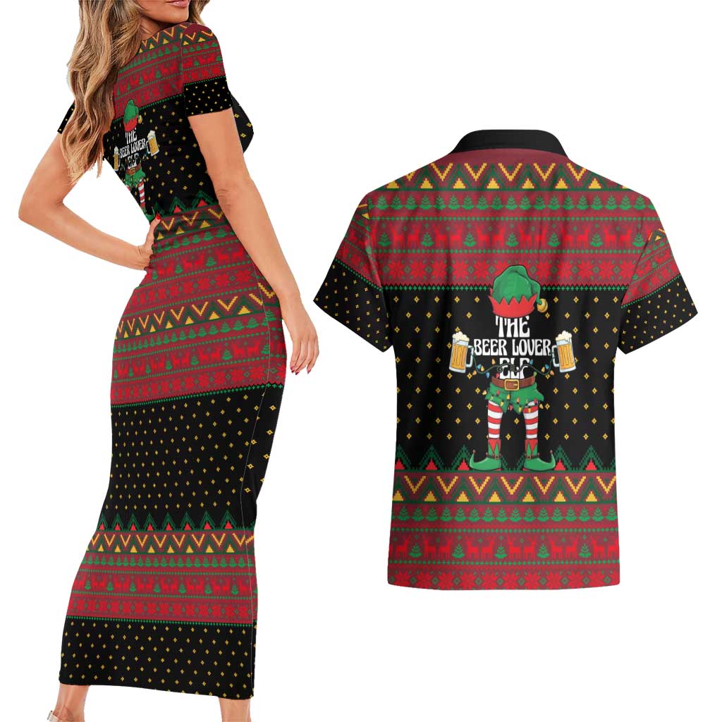 The Beer Lover Elf Christmas Couples Matching Short Sleeve Bodycon Dress and Hawaiian Shirt Xmas Holiday Patterns - Wonder Print Shop