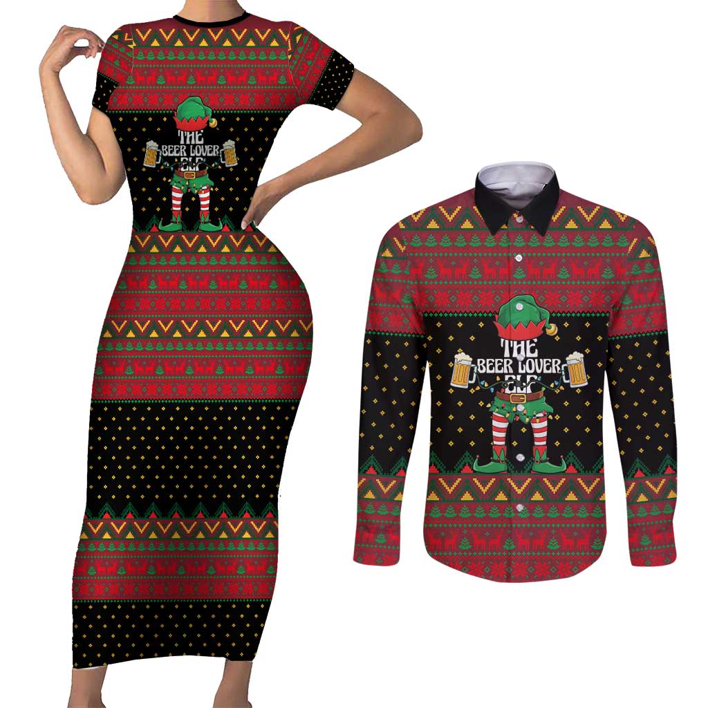 The Beer Lover Elf Christmas Couples Matching Short Sleeve Bodycon Dress and Long Sleeve Button Shirt Xmas Holiday Patterns - Wonder Print Shop