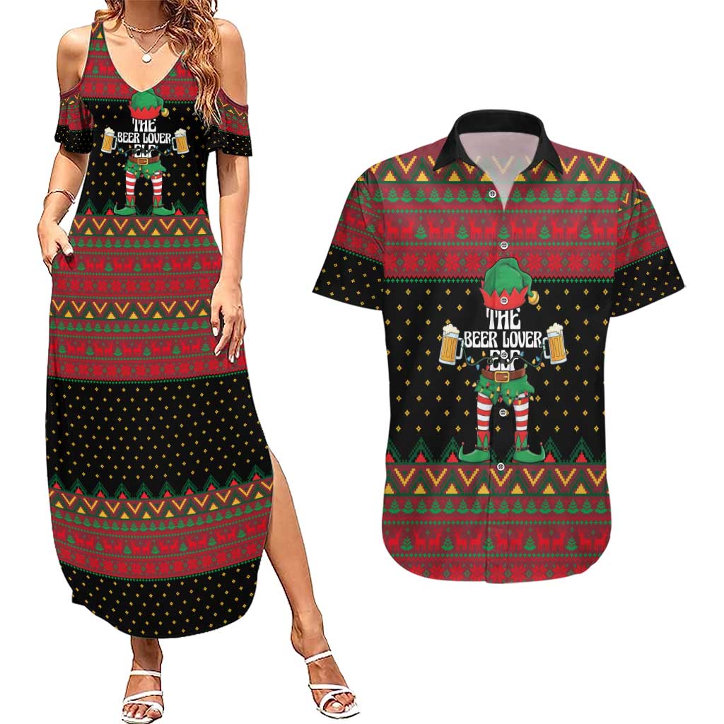 The Beer Lover Elf Christmas Couples Matching Summer Maxi Dress and Hawaiian Shirt Xmas Holiday Patterns - Wonder Print Shop