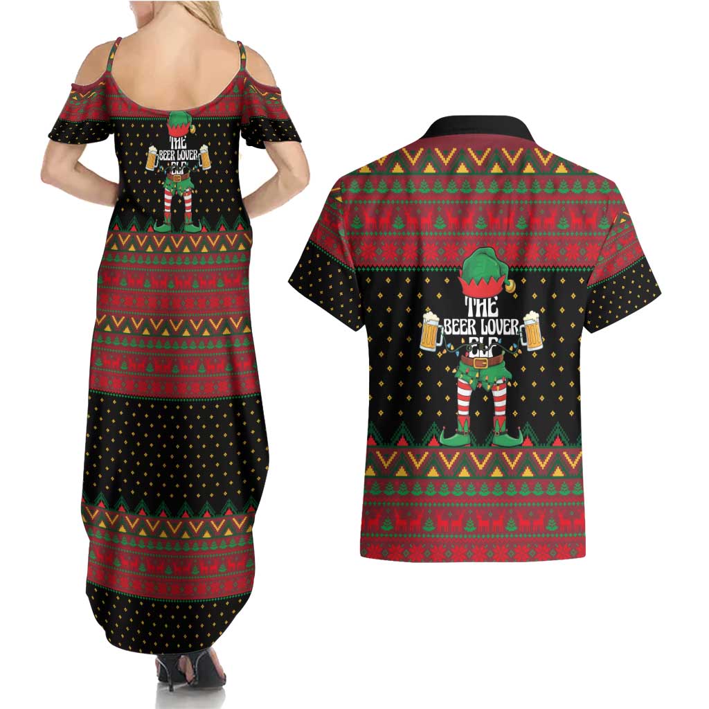 The Beer Lover Elf Christmas Couples Matching Summer Maxi Dress and Hawaiian Shirt Xmas Holiday Patterns - Wonder Print Shop