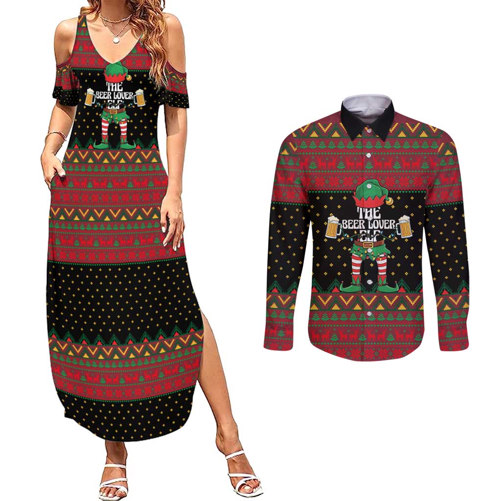 The Beer Lover Elf Christmas Couples Matching Summer Maxi Dress and Long Sleeve Button Shirt Xmas Holiday Patterns - Wonder Print Shop