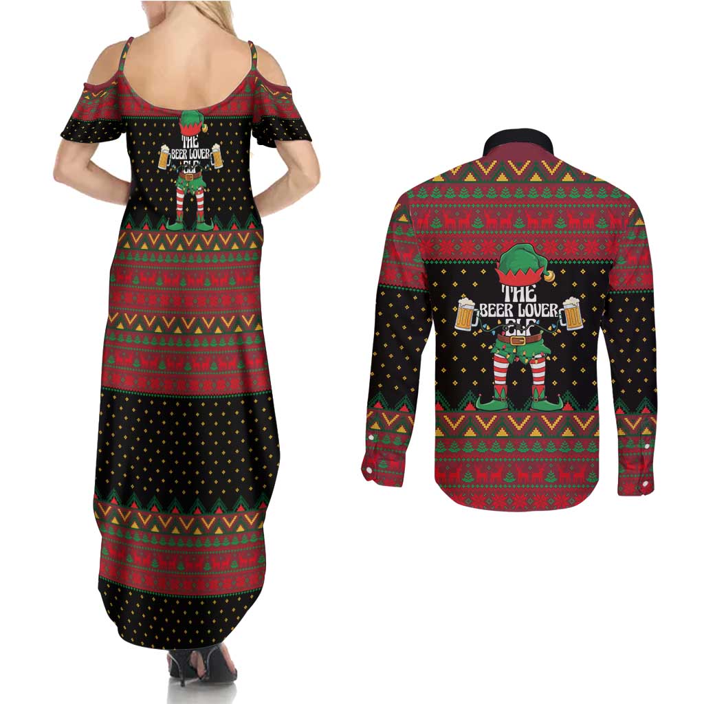 The Beer Lover Elf Christmas Couples Matching Summer Maxi Dress and Long Sleeve Button Shirt Xmas Holiday Patterns - Wonder Print Shop
