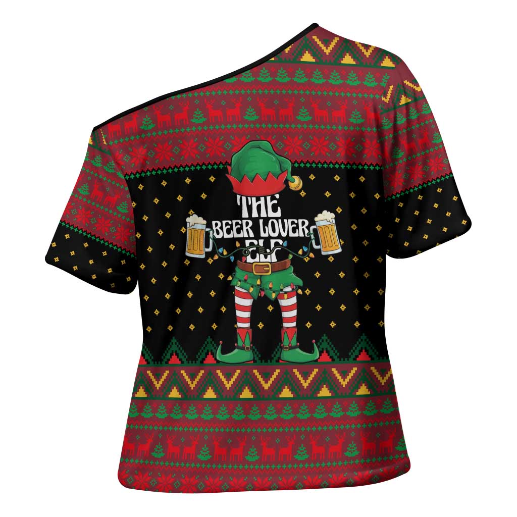 The Beer Lover Elf Christmas Cross Shoulder Shirt Xmas Holiday Patterns - Wonder Print Shop
