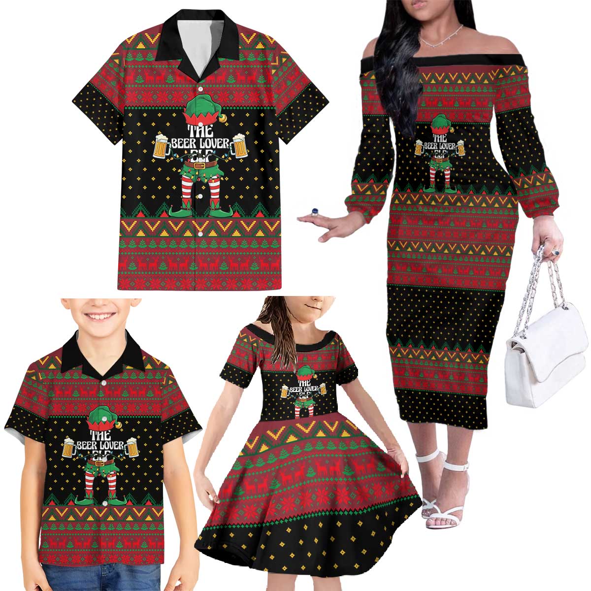 The Beer Lover Elf Christmas Family Matching Off The Shoulder Long Sleeve Dress and Hawaiian Shirt Xmas Holiday Patterns - Wonder Print Shop