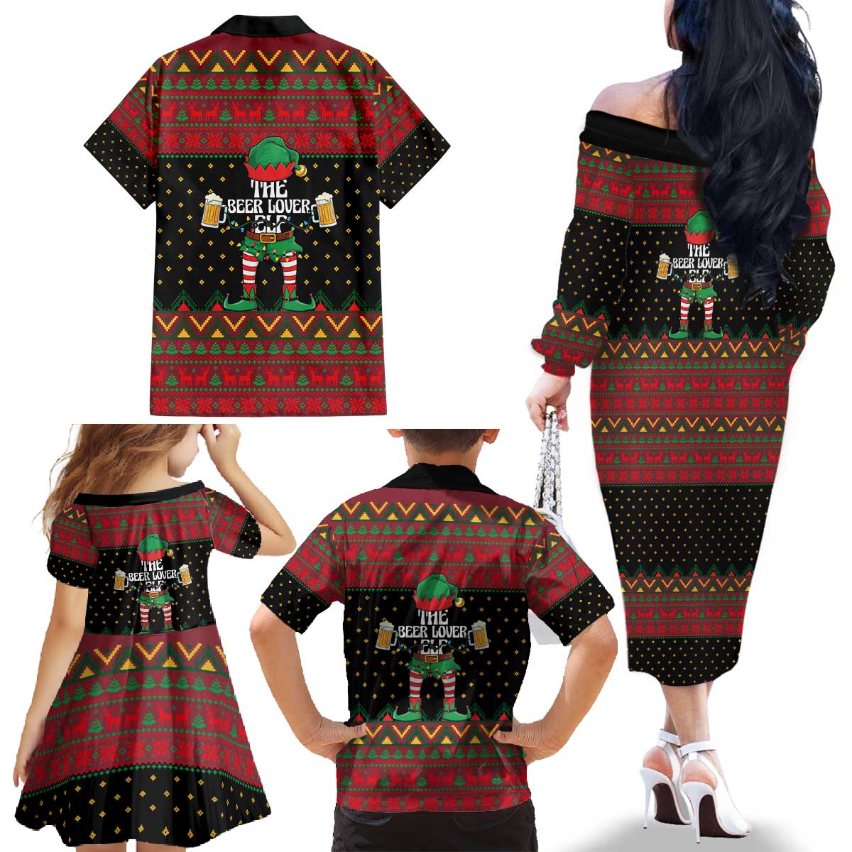 The Beer Lover Elf Christmas Family Matching Off The Shoulder Long Sleeve Dress and Hawaiian Shirt Xmas Holiday Patterns - Wonder Print Shop