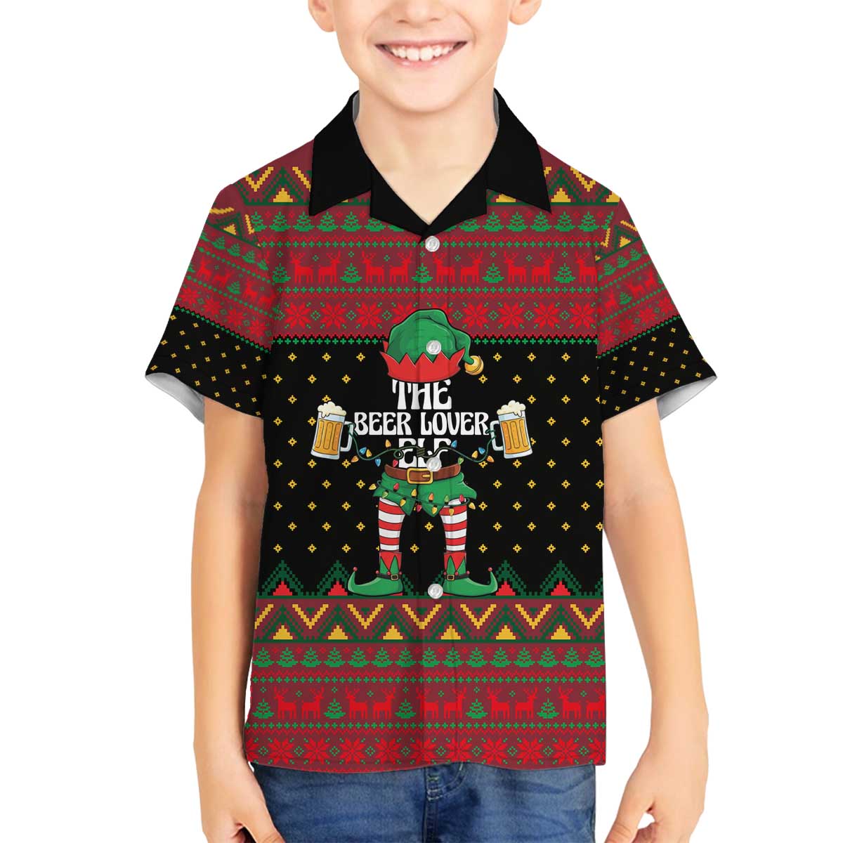 The Beer Lover Elf Christmas Family Matching Off The Shoulder Long Sleeve Dress and Hawaiian Shirt Xmas Holiday Patterns - Wonder Print Shop