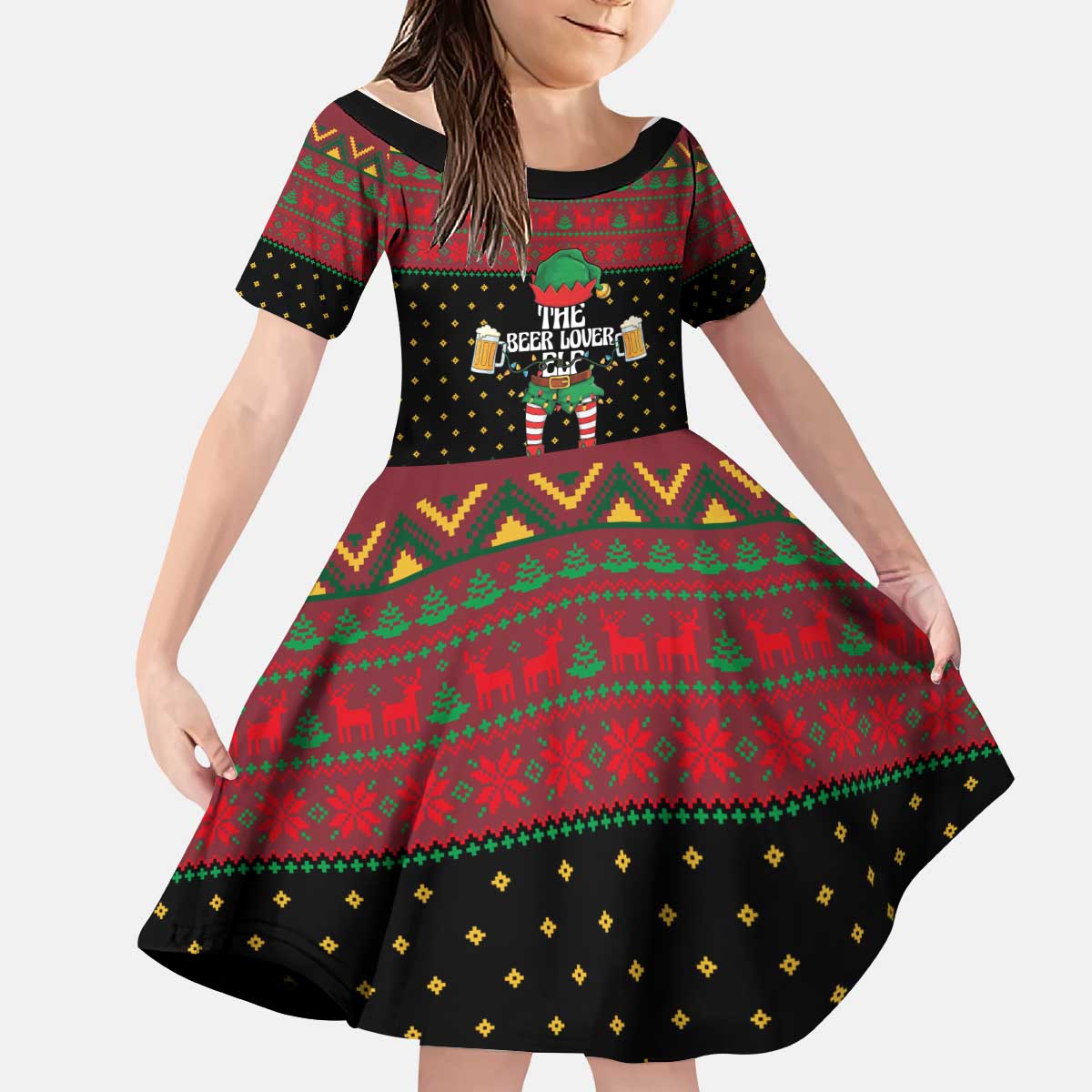 The Beer Lover Elf Christmas Kid Short Sleeve Dress Xmas Holiday Patterns - Wonder Print Shop